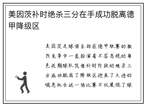 美因茨补时绝杀三分在手成功脱离德甲降级区