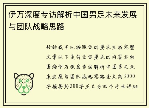 伊万深度专访解析中国男足未来发展与团队战略思路