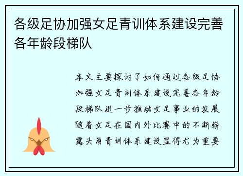 各级足协加强女足青训体系建设完善各年龄段梯队