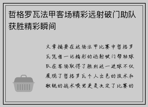 哲格罗瓦法甲客场精彩远射破门助队获胜精彩瞬间