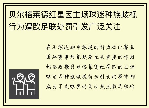 贝尔格莱德红星因主场球迷种族歧视行为遭欧足联处罚引发广泛关注
